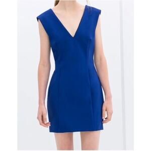 Zara Cobalt Royal Blue  V Neck Plunge Neckline Mini  Dress // M